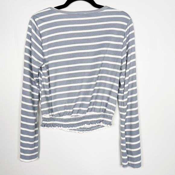 Hem & Thread Small S Blue White Striped Long Sleeve Cinch Hem Long Bell Sleeves - Picture 2 of 9